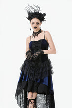 Load image into Gallery viewer, Royal Indigo Velvet &amp; Lace Gothic Dress with Crown Lace and Tiered Tail Hem DW1113
