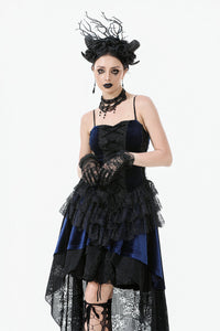 Royal Indigo Velvet & Lace Gothic Dress with Crown Lace and Tiered Tail Hem DW1113