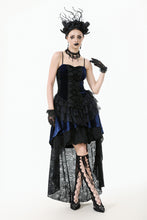 Load image into Gallery viewer, Royal Indigo Velvet &amp; Lace Gothic Dress with Crown Lace and Tiered Tail Hem DW1113