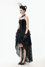 Load image into Gallery viewer, Royal Indigo Velvet &amp; Lace Gothic Dress with Crown Lace and Tiered Tail Hem DW1113