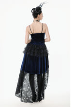 Load image into Gallery viewer, Royal Indigo Velvet &amp; Lace Gothic Dress with Crown Lace and Tiered Tail Hem DW1113