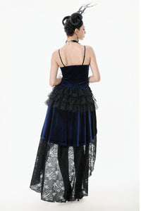 Royal Indigo Velvet & Lace Gothic Dress with Crown Lace and Tiered Tail Hem DW1113