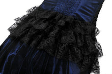 Load image into Gallery viewer, Royal Indigo Velvet &amp; Lace Gothic Dress with Crown Lace and Tiered Tail Hem DW1113