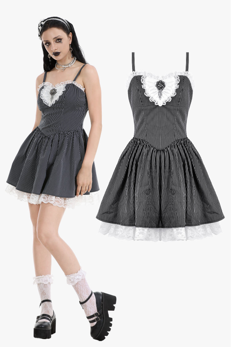 Sweetheart Lace and Striped & White Lolita Dress with Adjustable Straps DW1114