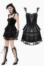 Load image into Gallery viewer, Gothic Midnight Velvet Dress with Lace Petal Sleeves and Layered Ruffle Skirt DW1115