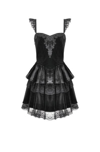 Gothic Midnight Velvet Dress with Lace Petal Sleeves and Layered Ruffle Skirt DW1115