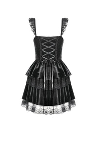 Gothic Midnight Velvet Dress with Lace Petal Sleeves and Layered Ruffle Skirt DW1115