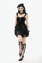 Load image into Gallery viewer, Gothic Midnight Velvet Dress with Lace Petal Sleeves and Layered Ruffle Skirt DW1115