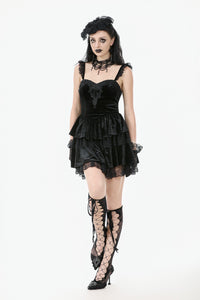 Gothic Midnight Velvet Dress with Lace Petal Sleeves and Layered Ruffle Skirt DW1115
