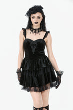 Load image into Gallery viewer, Gothic Midnight Velvet Dress with Lace Petal Sleeves and Layered Ruffle Skirt DW1115