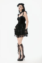 Load image into Gallery viewer, Gothic Midnight Velvet Dress with Lace Petal Sleeves and Layered Ruffle Skirt DW1115