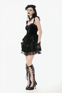 Gothic Midnight Velvet Dress with Lace Petal Sleeves and Layered Ruffle Skirt DW1115