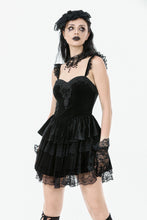 Load image into Gallery viewer, Gothic Midnight Velvet Dress with Lace Petal Sleeves and Layered Ruffle Skirt DW1115