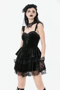 Gothic Midnight Velvet Dress with Lace Petal Sleeves and Layered Ruffle Skirt DW1115