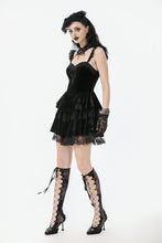 Load image into Gallery viewer, Gothic Midnight Velvet Dress with Lace Petal Sleeves and Layered Ruffle Skirt DW1115
