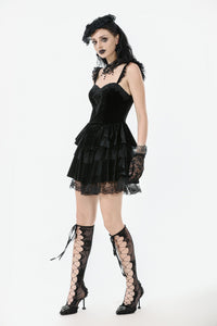 Gothic Midnight Velvet Dress with Lace Petal Sleeves and Layered Ruffle Skirt DW1115