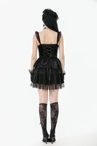 Gothic Midnight Velvet Dress with Lace Petal Sleeves and Layered Ruffle Skirt DW1115