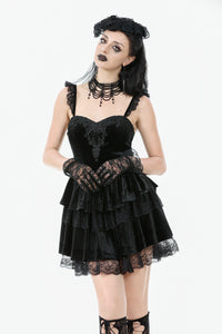 Gothic Midnight Velvet Dress with Lace Petal Sleeves and Layered Ruffle Skirt DW1115