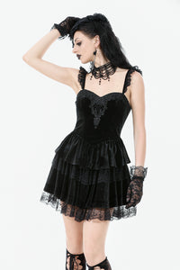 Gothic Midnight Velvet Dress with Lace Petal Sleeves and Layered Ruffle Skirt DW1115