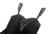Load image into Gallery viewer, Gothic Midnight Velvet Dress with Lace Petal Sleeves and Layered Ruffle Skirt DW1115