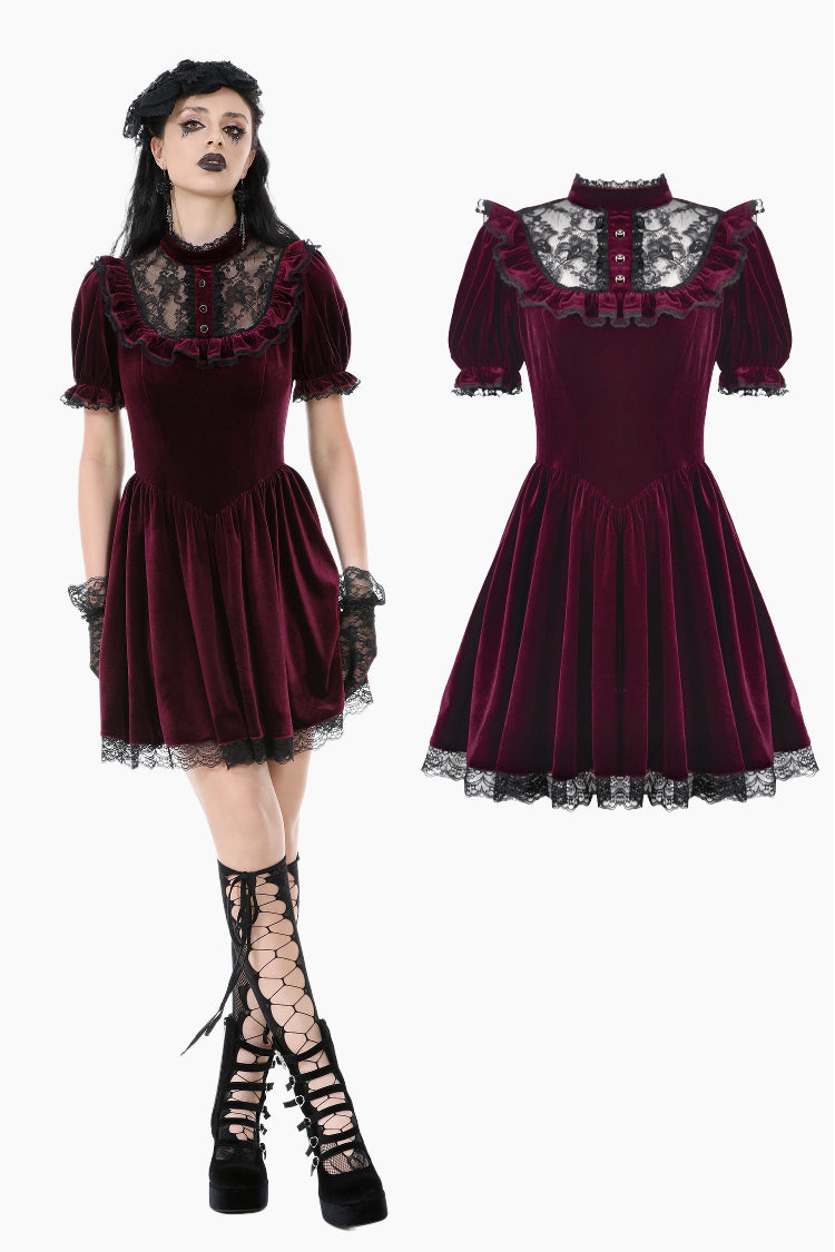 Gothic Duchess Crimson Velvet Puff Dress DW1117
