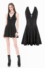 Load image into Gallery viewer, Night Vine Shackles - Dark Techwear Halter V-Neck Cross Pendant Double Eyelet Corset Lace-Up A-Line Dress DW1168