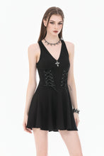 Load image into Gallery viewer, Night Vine Shackles - Dark Techwear Halter V-Neck Cross Pendant Double Eyelet Corset Lace-Up A-Line Dress DW1168