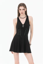 Load image into Gallery viewer, Night Vine Shackles - Dark Techwear Halter V-Neck Cross Pendant Double Eyelet Corset Lace-Up A-Line Dress DW1168