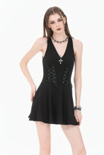 Load image into Gallery viewer, Night Vine Shackles - Dark Techwear Halter V-Neck Cross Pendant Double Eyelet Corset Lace-Up A-Line Dress DW1168