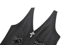 Load image into Gallery viewer, Night Vine Shackles - Dark Techwear Halter V-Neck Cross Pendant Double Eyelet Corset Lace-Up A-Line Dress DW1168
