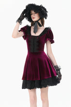 Load image into Gallery viewer, Gothic Romantic Burgundy Velvet Dress with Square Neck and Black Lace Patchwork  DW1175