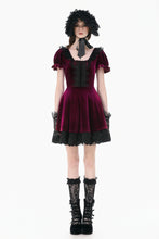 Load image into Gallery viewer, Gothic Romantic Burgundy Velvet Dress with Square Neck and Black Lace Patchwork  DW1175