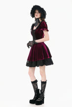 Load image into Gallery viewer, Gothic Romantic Burgundy Velvet Dress with Square Neck and Black Lace Patchwork  DW1175
