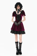 Load image into Gallery viewer, Gothic Romantic Burgundy Velvet Dress with Square Neck and Black Lace Patchwork  DW1175