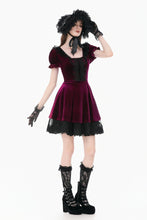 Load image into Gallery viewer, Gothic Romantic Burgundy Velvet Dress with Square Neck and Black Lace Patchwork  DW1175