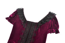 Load image into Gallery viewer, Gothic Romantic Burgundy Velvet Dress with Square Neck and Black Lace Patchwork  DW1175