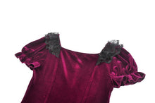 Load image into Gallery viewer, Gothic Romantic Burgundy Velvet Dress with Square Neck and Black Lace Patchwork  DW1175