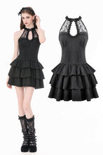 Load image into Gallery viewer, Gothic Halter Lace Patchwork Rose Jacquard Tiered Ruffle Mini Dress DW1179