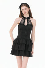Load image into Gallery viewer, Gothic Halter Lace Patchwork Rose Jacquard Tiered Ruffle Mini Dress DW1179