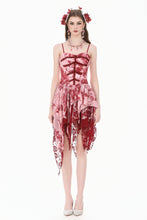 Load image into Gallery viewer, Bloody Romance - Gothic Asymmetric Tiered Dress in Red-White Tie-Dye Chiffon DW1182
