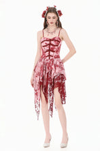 Load image into Gallery viewer, Bloody Romance - Gothic Asymmetric Tiered Dress in Red-White Tie-Dye Chiffon DW1182