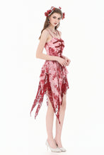 Load image into Gallery viewer, Bloody Romance - Gothic Asymmetric Tiered Dress in Red-White Tie-Dye Chiffon DW1182