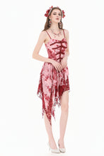 Load image into Gallery viewer, Bloody Romance - Gothic Asymmetric Tiered Dress in Red-White Tie-Dye Chiffon DW1182