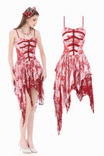 Load image into Gallery viewer, Bloody Romance - Gothic Asymmetric Tiered Dress in Red-White Tie-Dye Chiffon DW1182