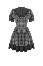 Load image into Gallery viewer, Dark Lolita Gingham Patchwork Lace Ruffle Puff Sleeve A-Line Dress DW1185