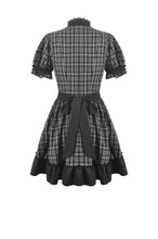 Load image into Gallery viewer, Dark Lolita Gingham Patchwork Lace Ruffle Puff Sleeve A-Line Dress DW1185