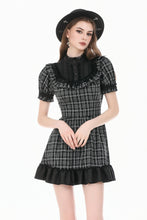 Load image into Gallery viewer, Dark Lolita Gingham Patchwork Lace Ruffle Puff Sleeve A-Line Dress DW1185