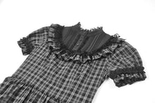 Load image into Gallery viewer, Dark Lolita Gingham Patchwork Lace Ruffle Puff Sleeve A-Line Dress DW1185