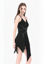 Load image into Gallery viewer, Post-Apocalyptic Black Dress with Shredded Texture and Metallic Buckle Harness DW1191