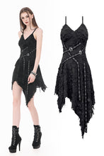 Load image into Gallery viewer, Post-Apocalyptic Black Dress with Shredded Texture and Metallic Buckle Harness DW1191